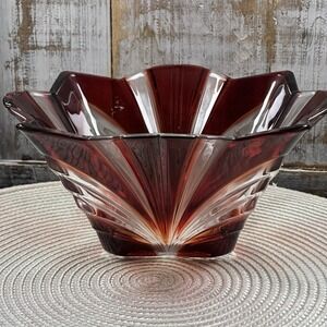 Vintage Japanese SOGA Glass Ruby Red & Clear Fan Dish Bowl Minors Flaws
